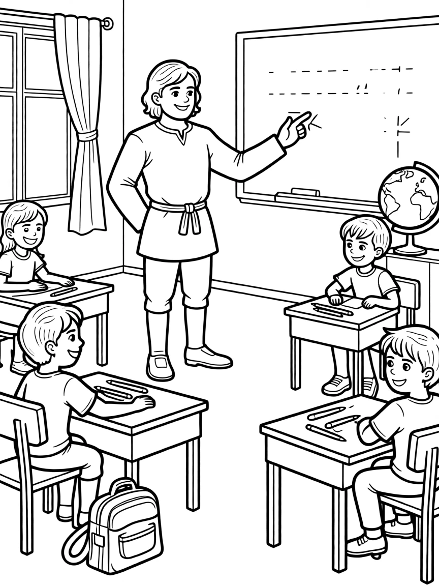 Christopher Columbus teaching children, with educational items like chalkboards and pencils, in a friendly classroom scene.
