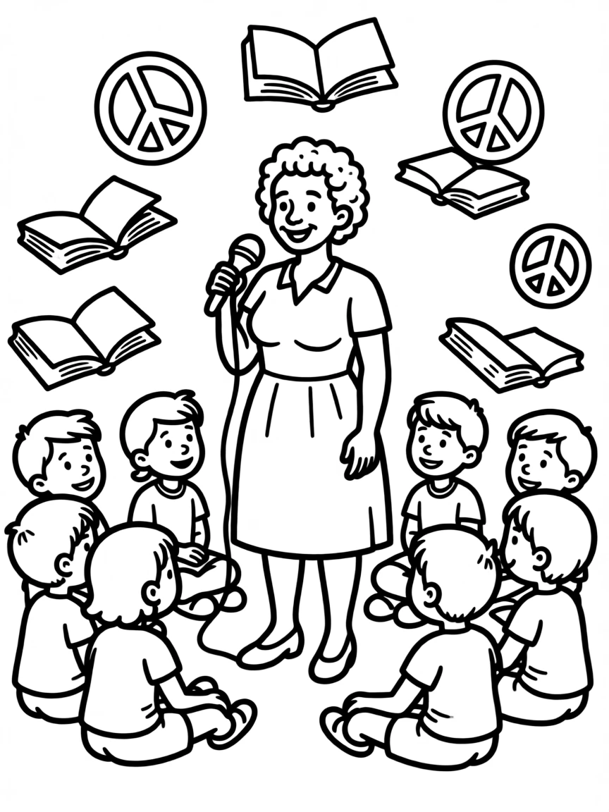 A fun coloring page of Rosa Parks giving a speech to children with books and peace signs around.
