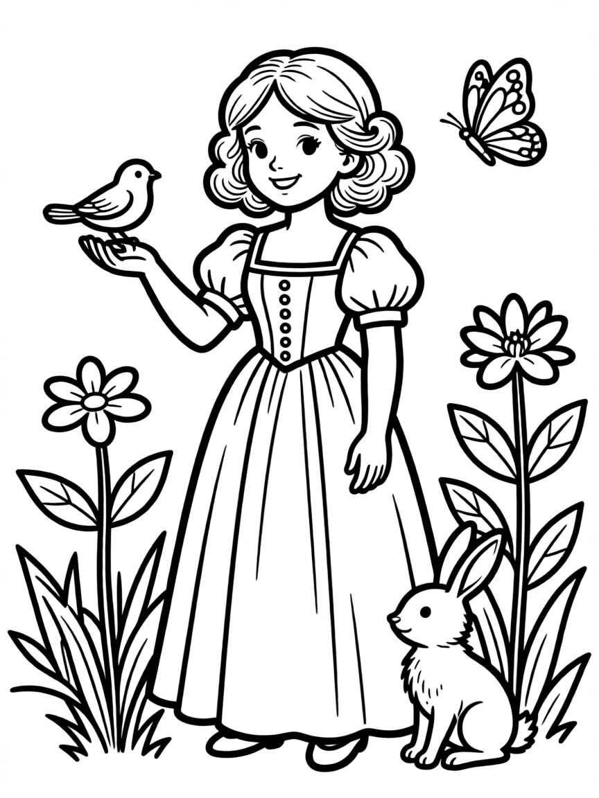A playful scene showing Ada Lovelace in a historical outfit with animals, plants, or kids nearby.