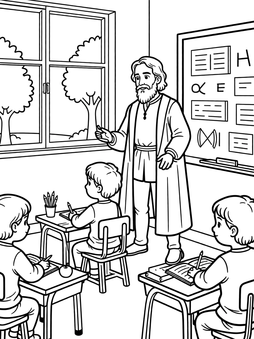 Leonardo da Vinci teaching children, with educational items like chalkboards and pencils, in a friendly classroom scene.