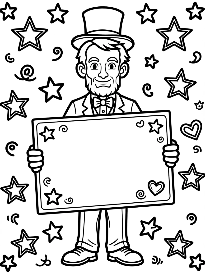 A cute coloring page of Abraham Lincoln holding a sign about kindness or bravery, with stars and doodles around.