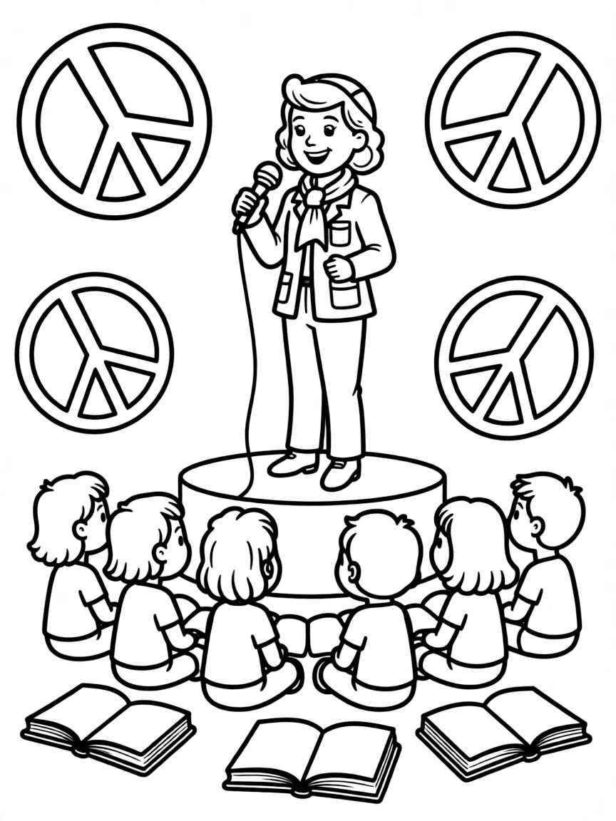 A fun coloring page of Amelia Earhart giving a speech to children with books and peace signs around.