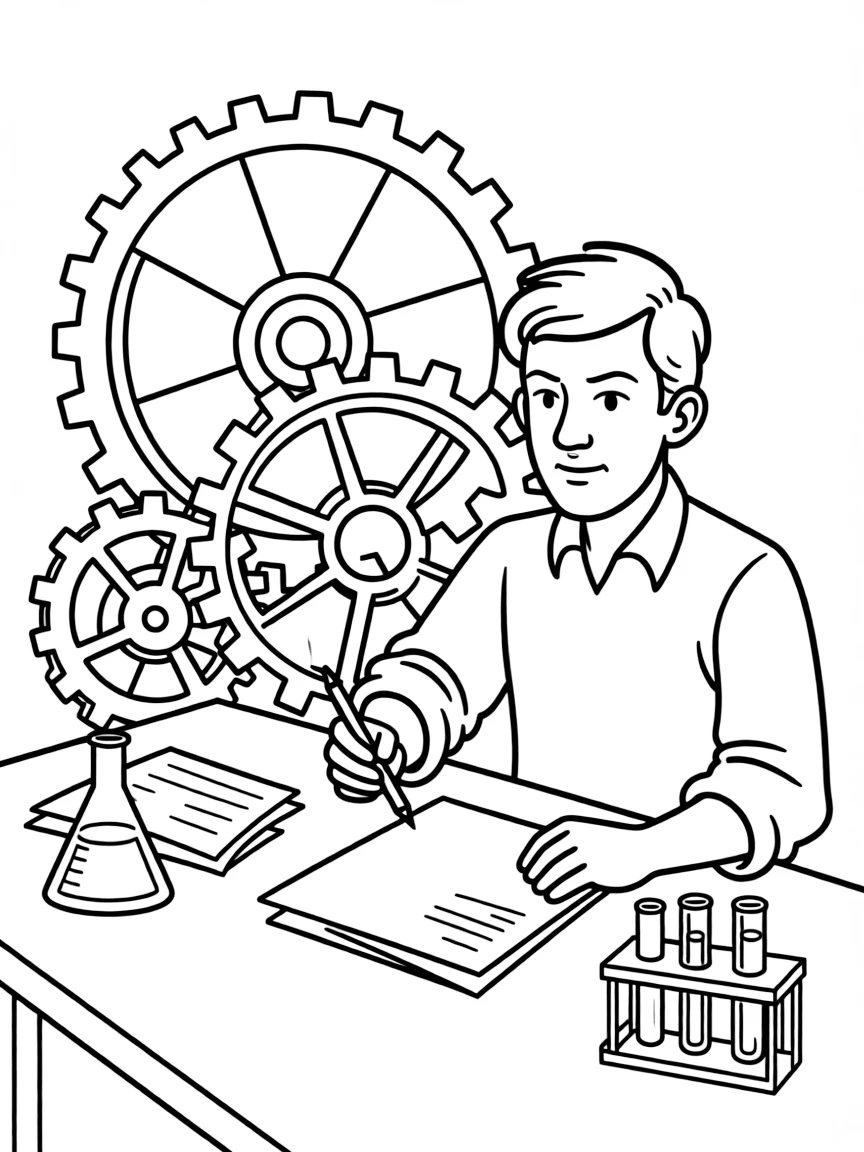 Theodore Roosevelt working on their famous invention or idea, with gears, papers, or lab equipment drawn simply.