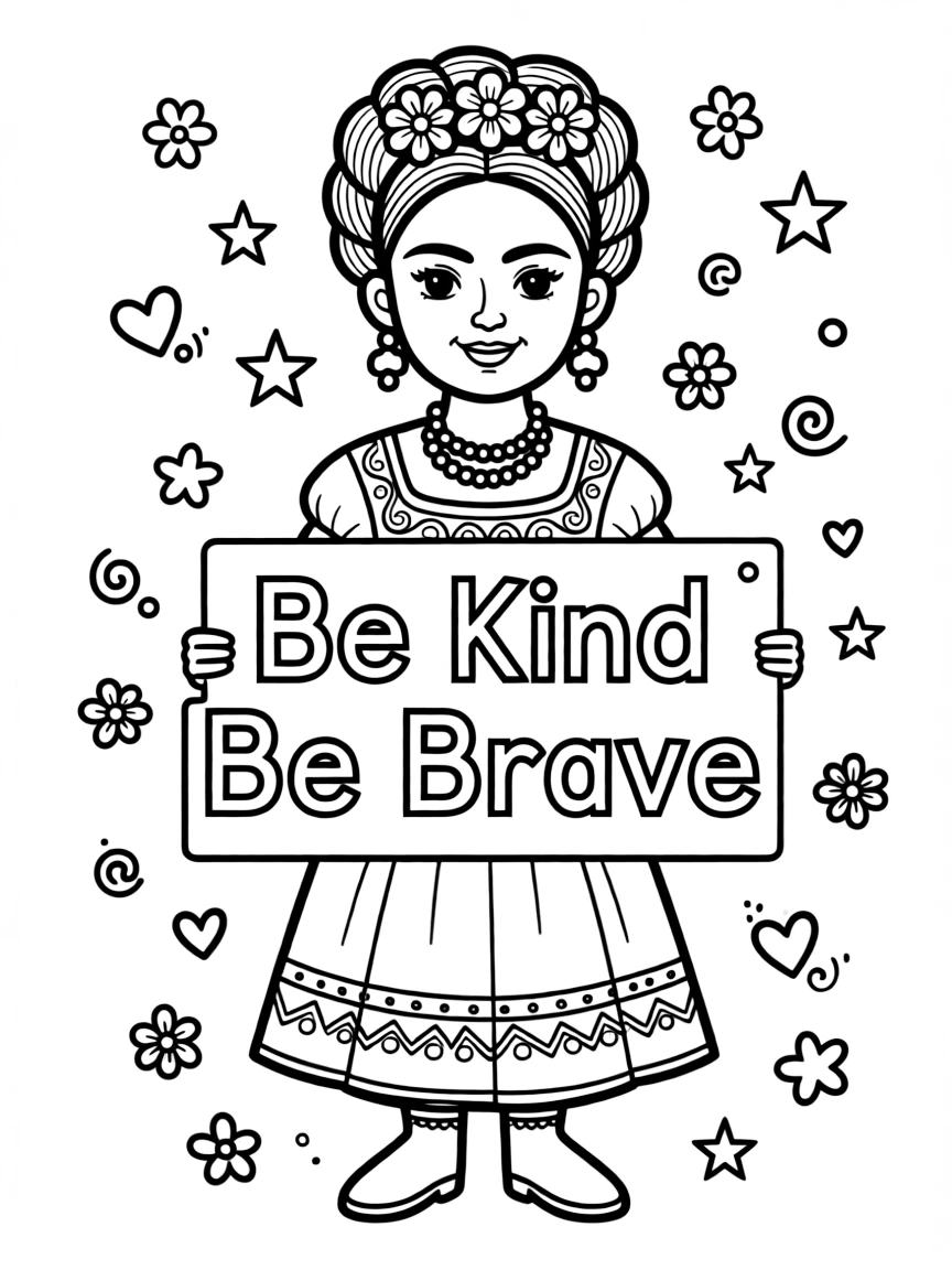 A cute coloring page of Frida Kahlo holding a sign about kindness or bravery, with stars and doodles around.