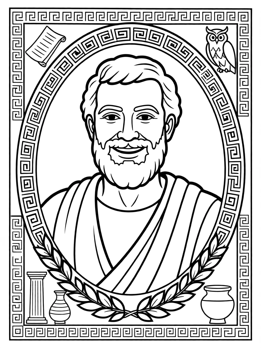 A portrait of Aristotle with a big smile, framed with decorative borders and symbols of their time period.