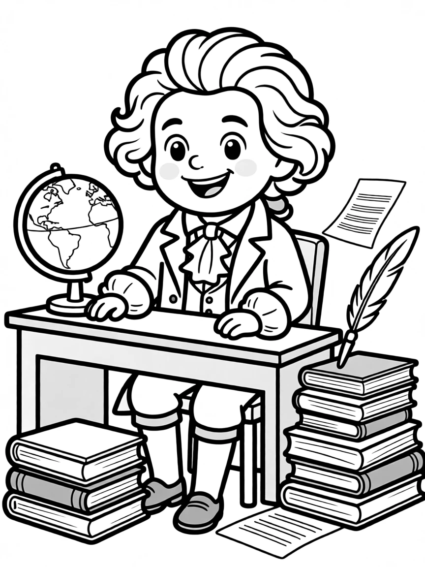 A cartoon-style drawing of Beethoven surrounded by symbols of their achievements, like books, tools, or globes.