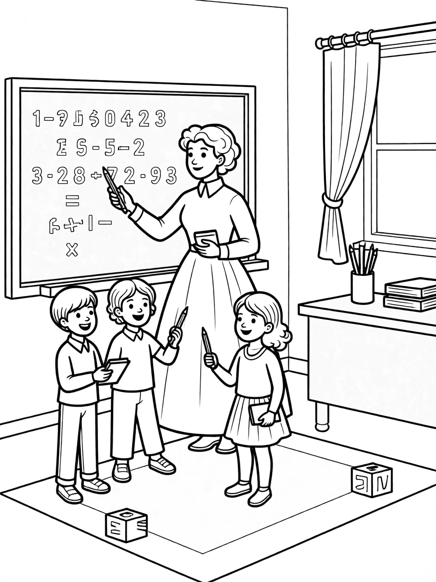 Ada Lovelace teaching children, with educational items like chalkboards and pencils, in a friendly classroom scene.
