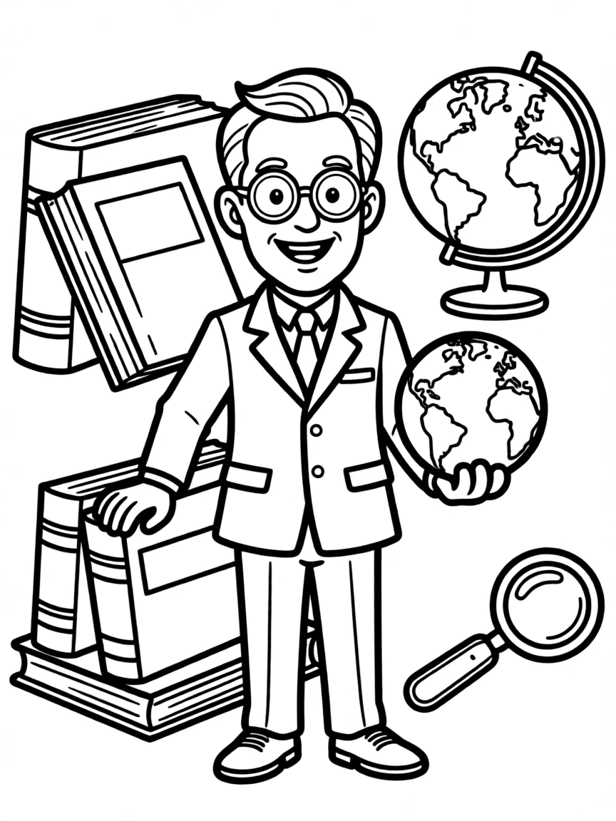 A cartoon-style drawing of Theodore Roosevelt surrounded by symbols of their achievements, like books, tools, or globes.
