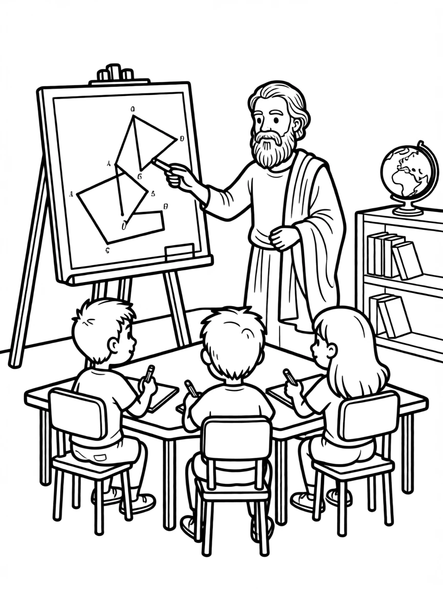 Plato teaching children, with educational items like chalkboards and pencils, in a friendly classroom scene.
