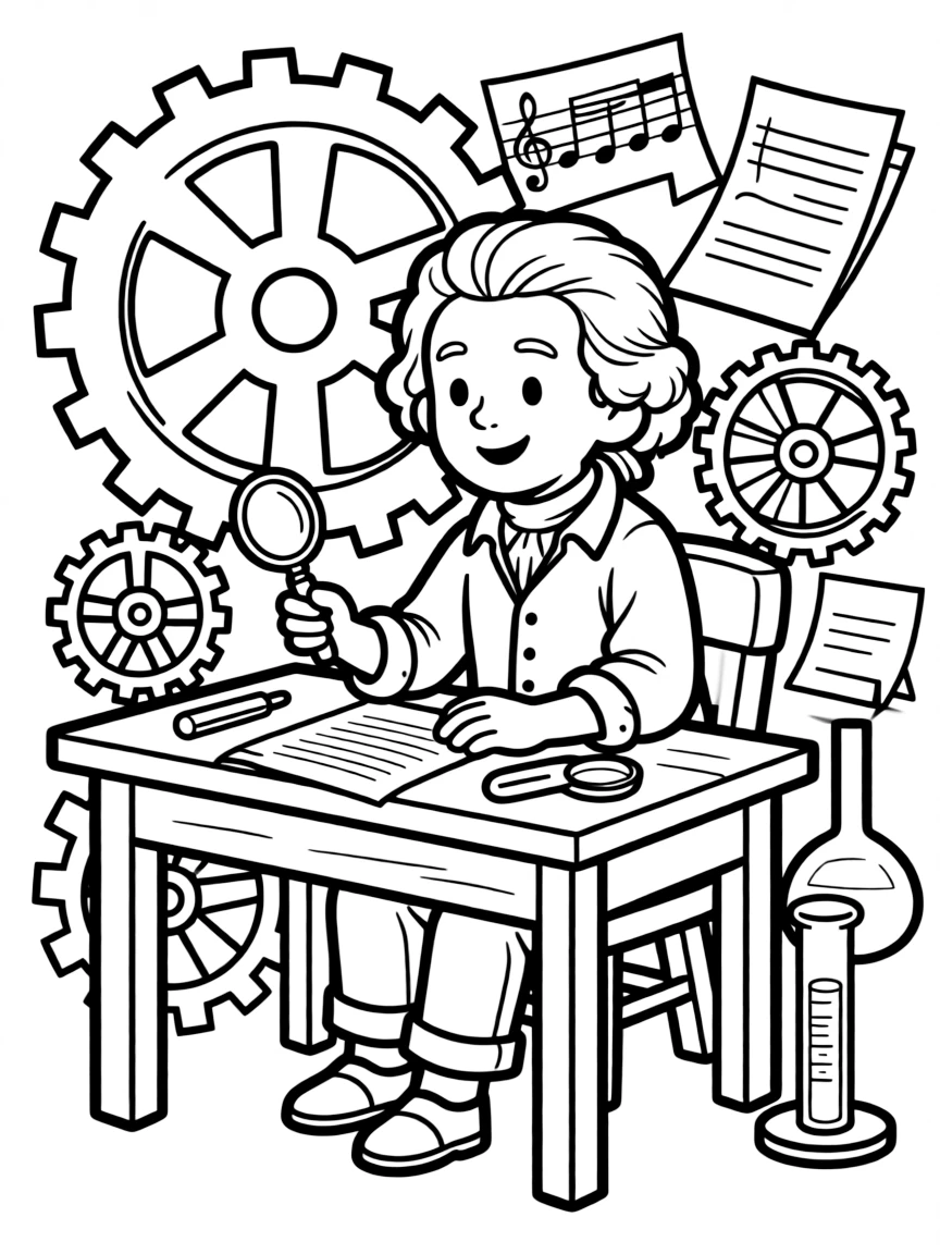 Mozart working on their famous invention or idea, with gears, papers, or lab equipment drawn simply.