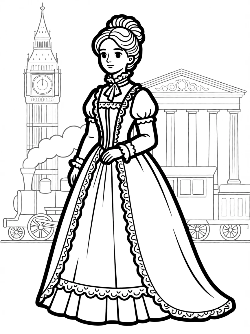 Ada Lovelace standing proudly with historical landmarks in the background, drawn with clear bold lines for coloring.
