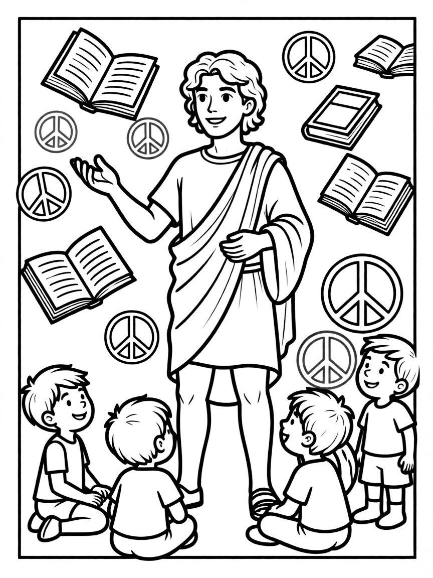 A fun coloring page of Alexander the Great giving a speech to children with books and peace signs around.