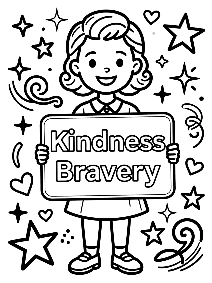 A cute coloring page of Rosa Parks holding a sign about kindness or bravery, with stars and doodles around.