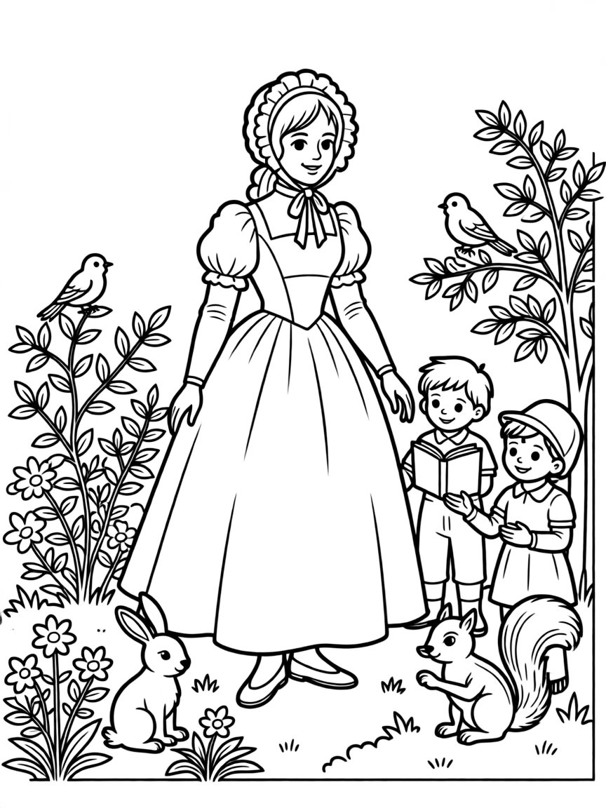 A playful scene showing Jane Austen in a historical outfit with animals, plants, or kids nearby.