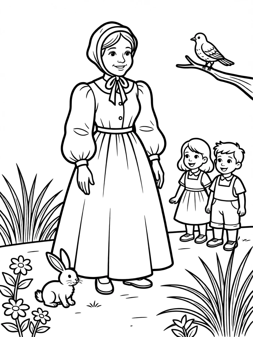 A playful scene showing Harriet Tubman in a historical outfit with animals, plants, or kids nearby.