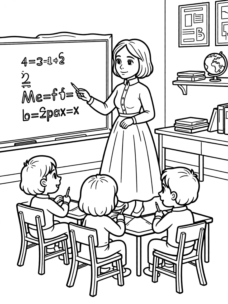 Susan B. Anthony teaching children, with educational items like chalkboards and pencils, in a friendly classroom scene.