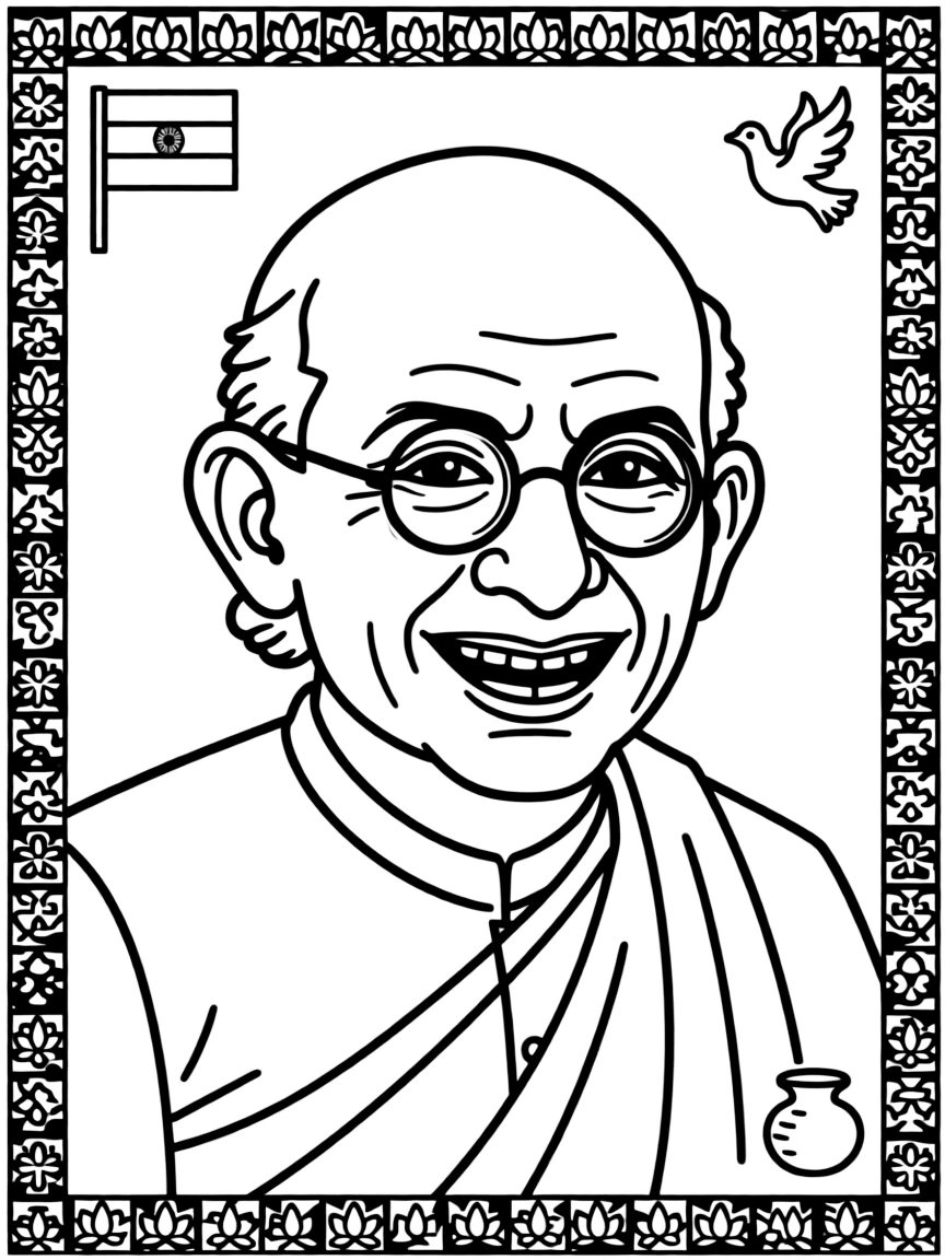 A portrait of Mahatma Gandhi with a big smile, framed with decorative borders and symbols of their time period.