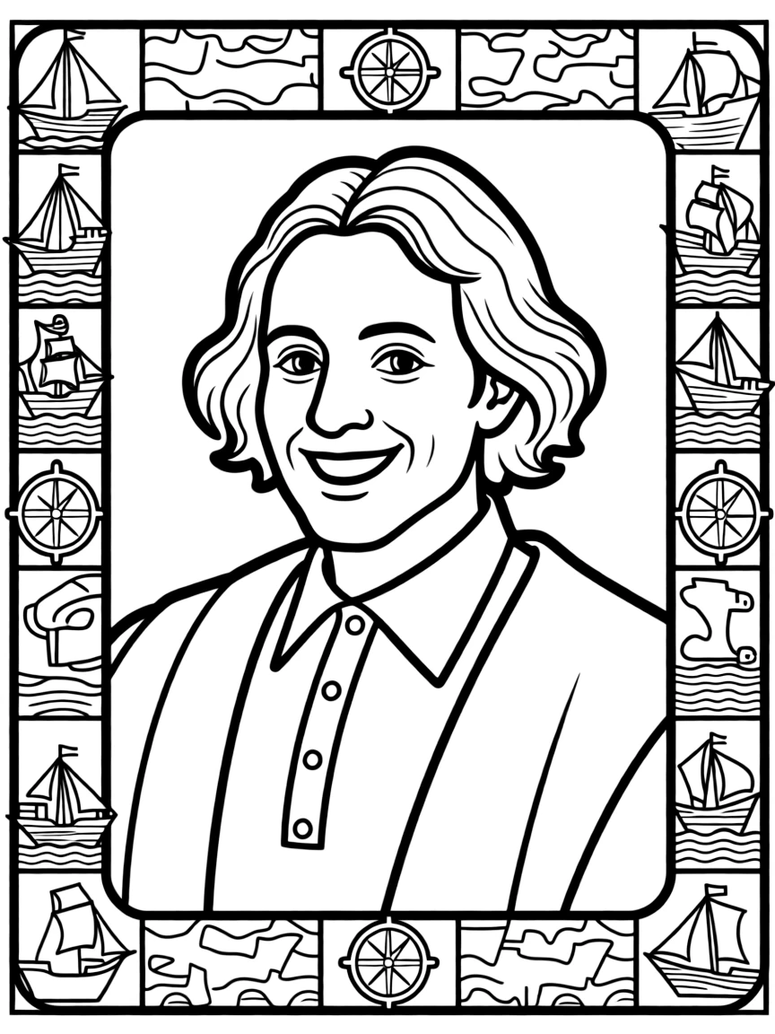A portrait of Christopher Columbus with a big smile, framed with decorative borders and symbols of their time period.