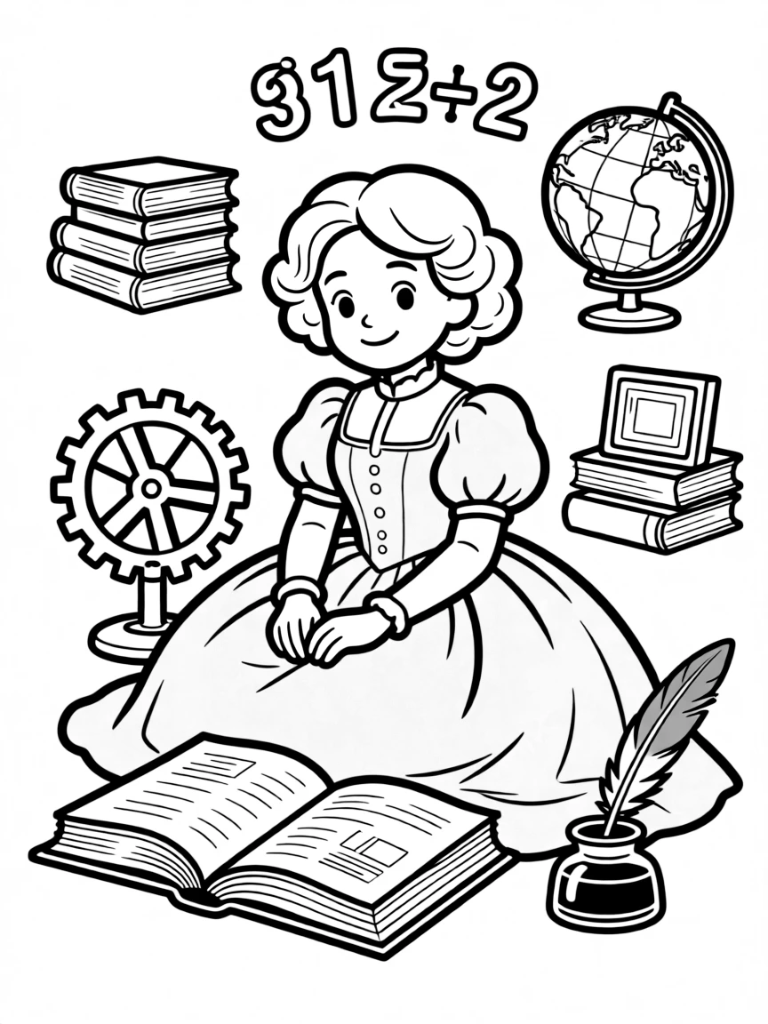 A cartoon-style drawing of Ada Lovelace surrounded by symbols of their achievements, like books, tools, or globes.