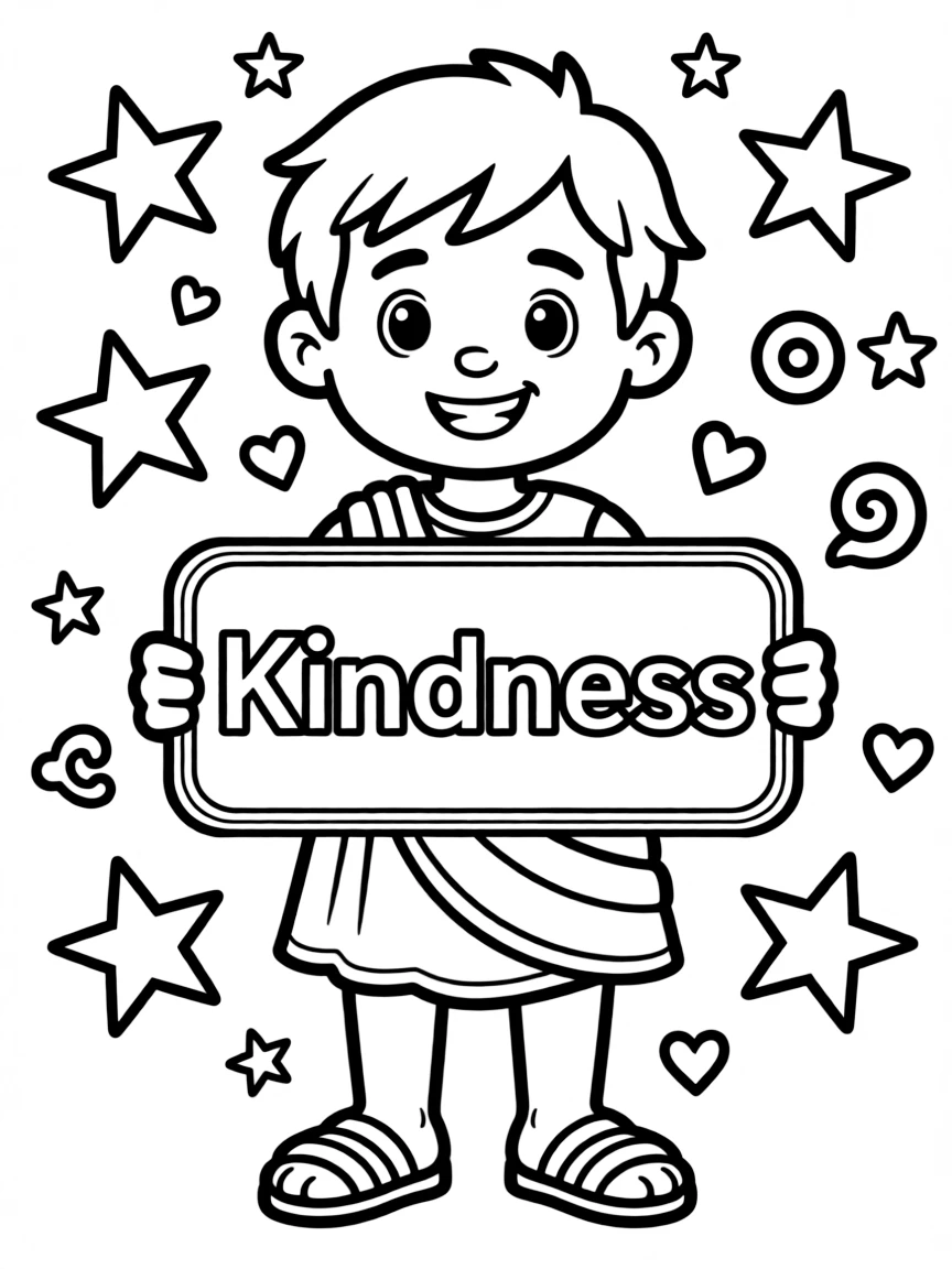 A cute coloring page of Plato holding a sign about kindness or bravery, with stars and doodles around.