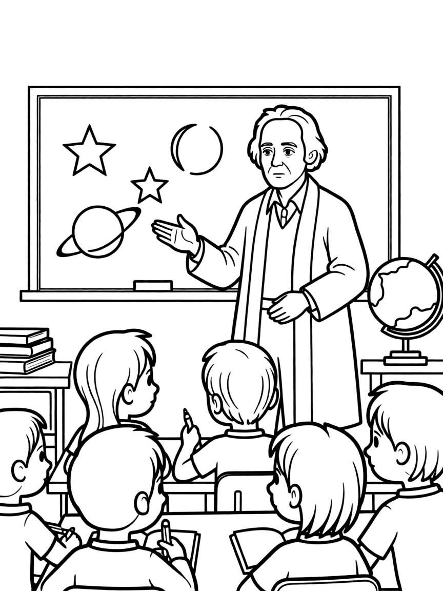 Galileo Galilei teaching children, with educational items like chalkboards and pencils, in a friendly classroom scene.
