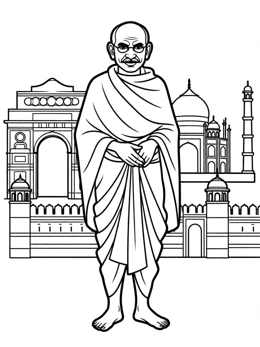 Mahatma Gandhi standing proudly with historical landmarks in the background, drawn with clear bold lines for coloring.