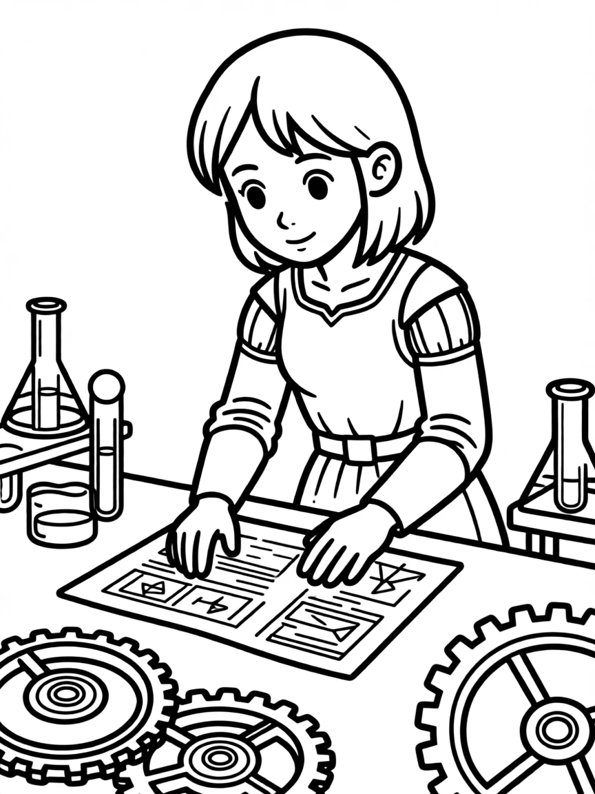 Joan of Arc working on their famous invention or idea, with gears, papers, or lab equipment drawn simply.