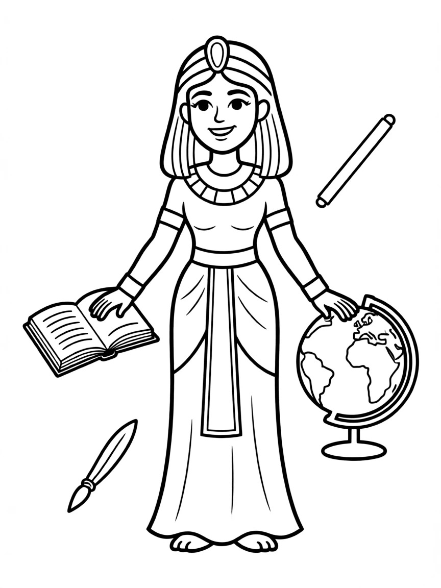 A cartoon-style drawing of Cleopatra surrounded by symbols of their achievements, like books, tools, or globes.