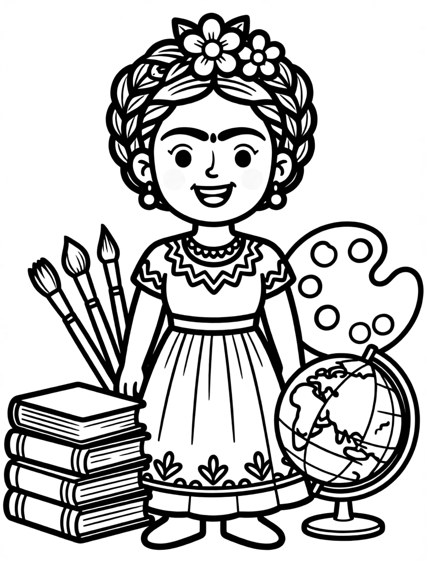 A cartoon-style drawing of Frida Kahlo surrounded by symbols of their achievements, like books, tools, or globes.