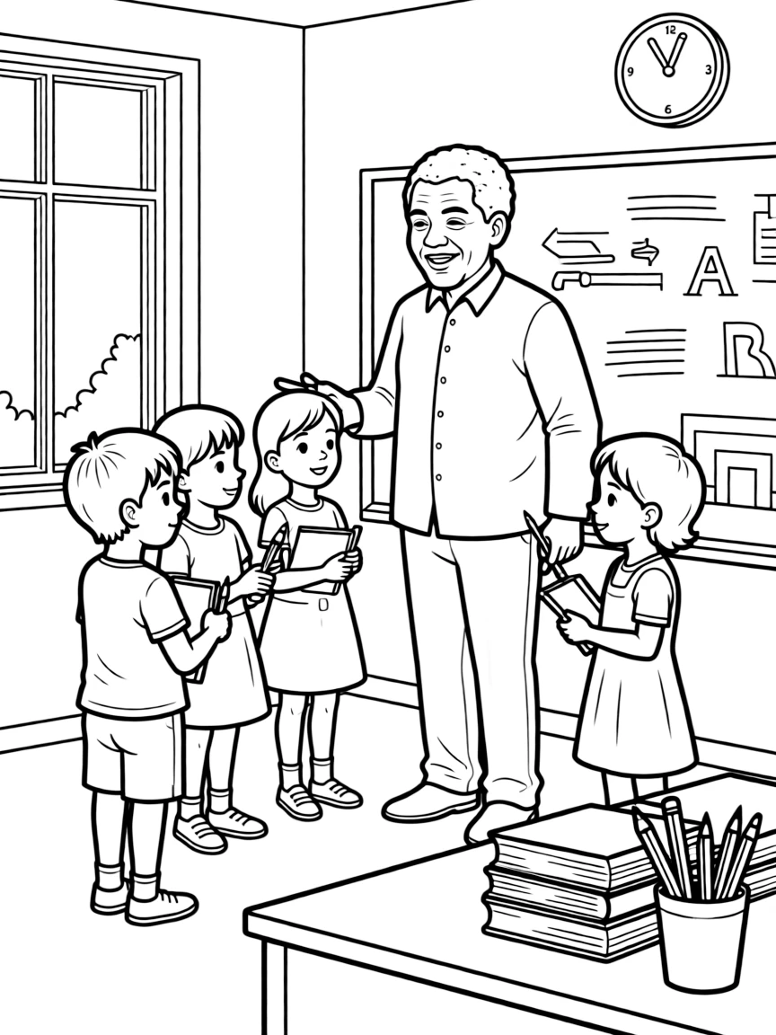 Nelson Mandela teaching children, with educational items like chalkboards and pencils, in a friendly classroom scene.