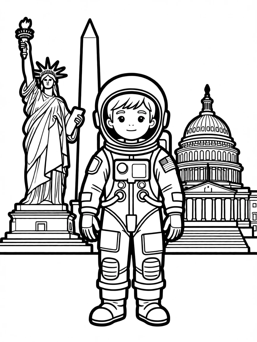 Neil Armstrong standing proudly with historical landmarks in the background, drawn with clear bold lines for coloring.