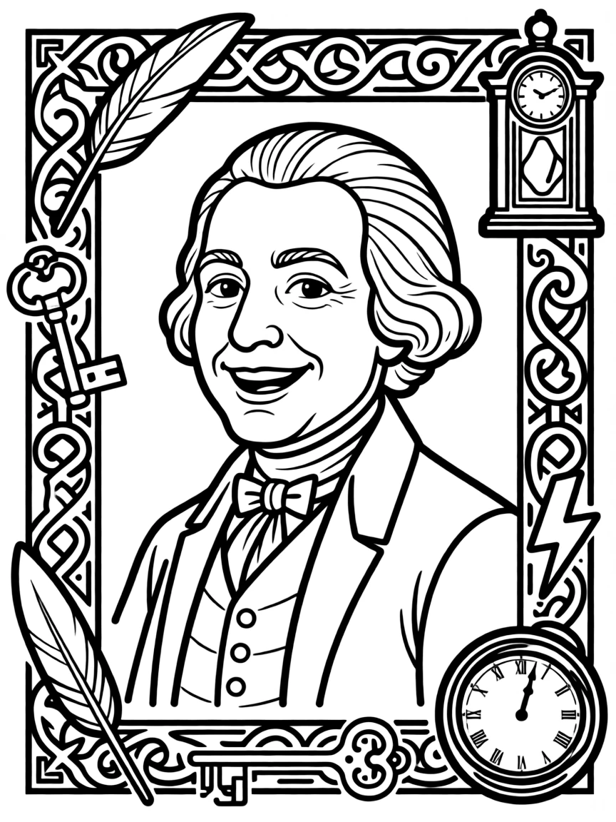 A portrait of Benjamin Franklin with a big smile, framed with decorative borders and symbols of their time period.