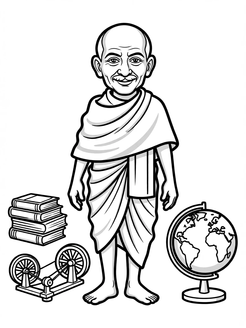 A cartoon-style drawing of Mahatma Gandhi surrounded by symbols of their achievements, like books, tools, or globes.