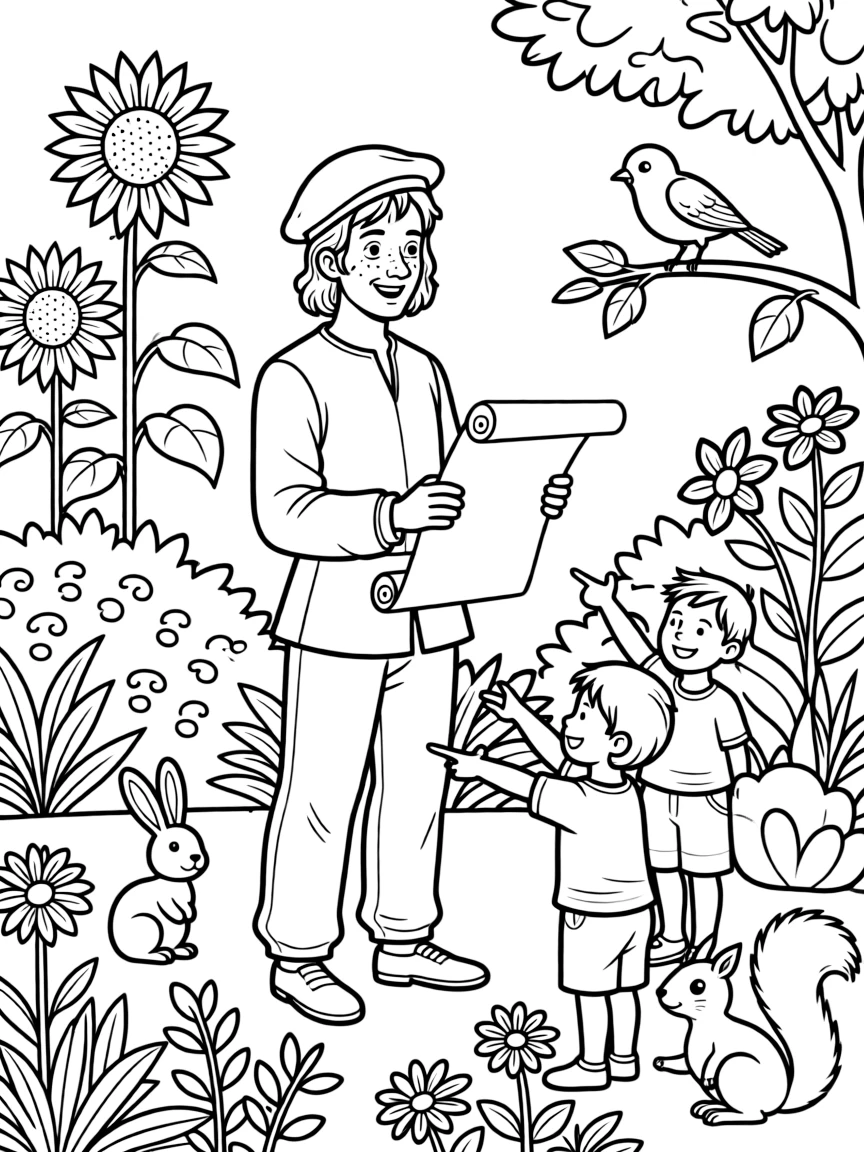 A playful scene showing Leonardo da Vinci in a historical outfit with animals, plants, or kids nearby.