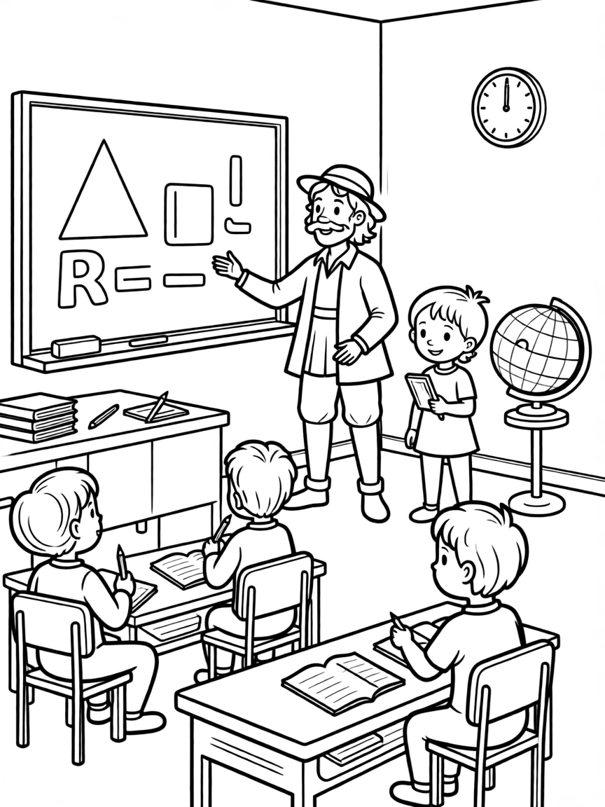 Christopher Columbus teaching children, with educational items like chalkboards and pencils, in a friendly classroom scene.