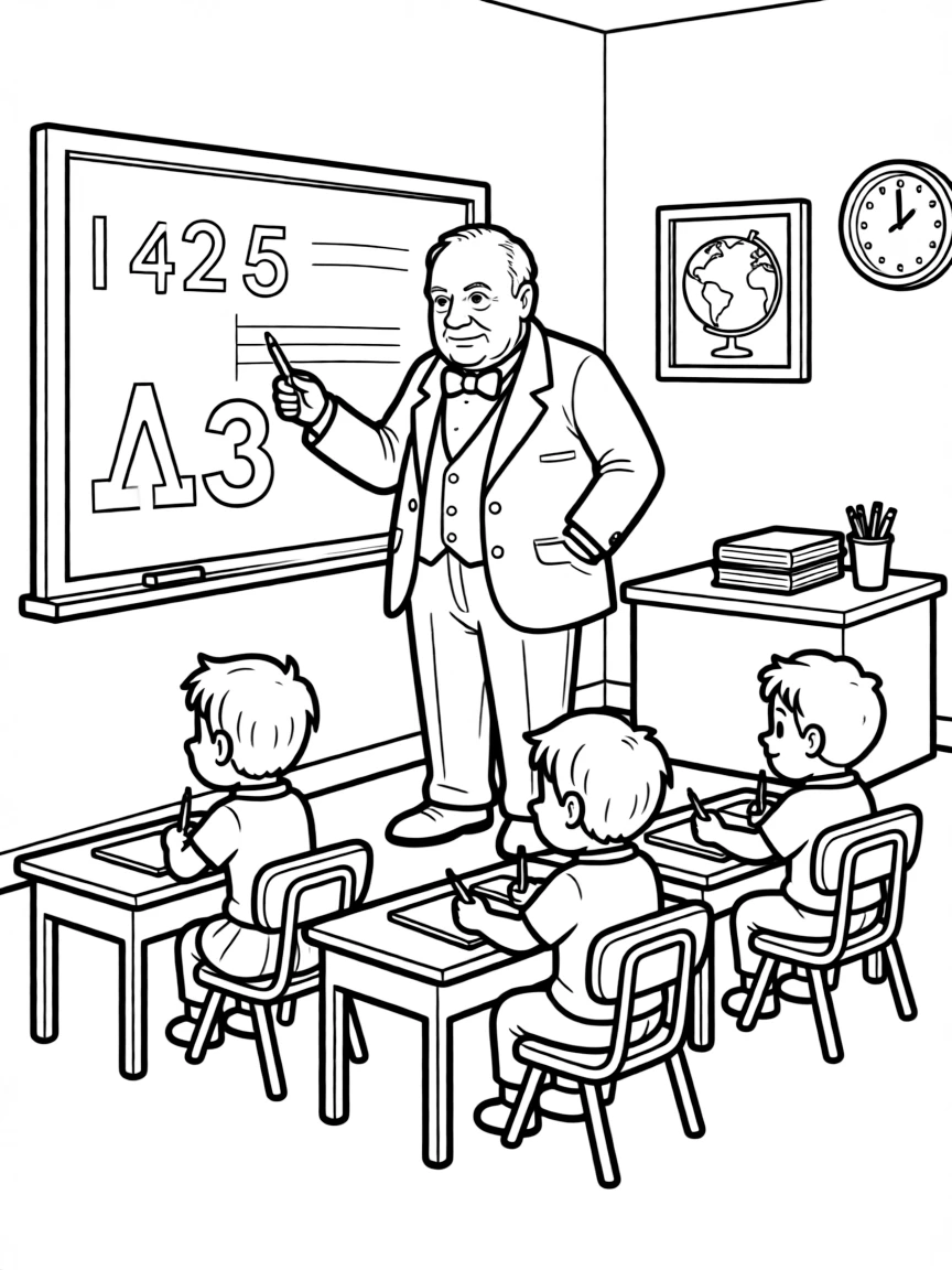 Winston Churchill teaching children, with educational items like chalkboards and pencils, in a friendly classroom scene.