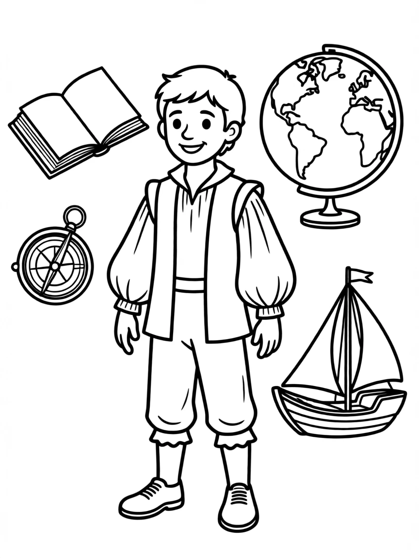 A cartoon-style drawing of Christopher Columbus surrounded by symbols of their achievements, like books, tools, or globes.