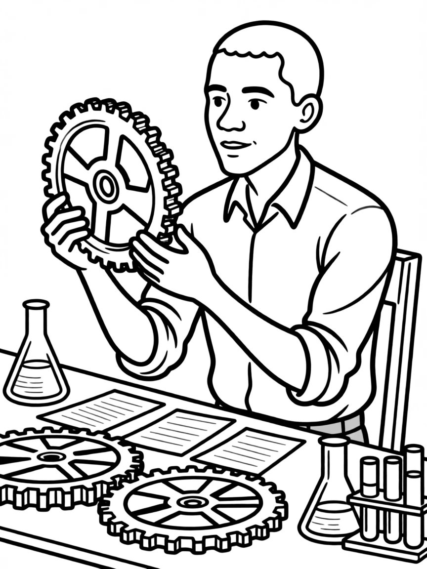 Barack Obama working on their famous invention or idea, with gears, papers, or lab equipment drawn simply.