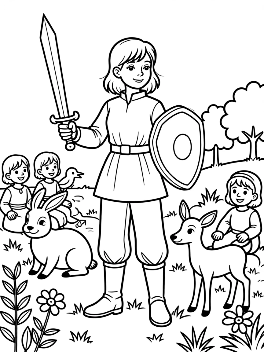 A playful scene showing Joan of Arc in a historical outfit with animals, plants, or kids nearby.