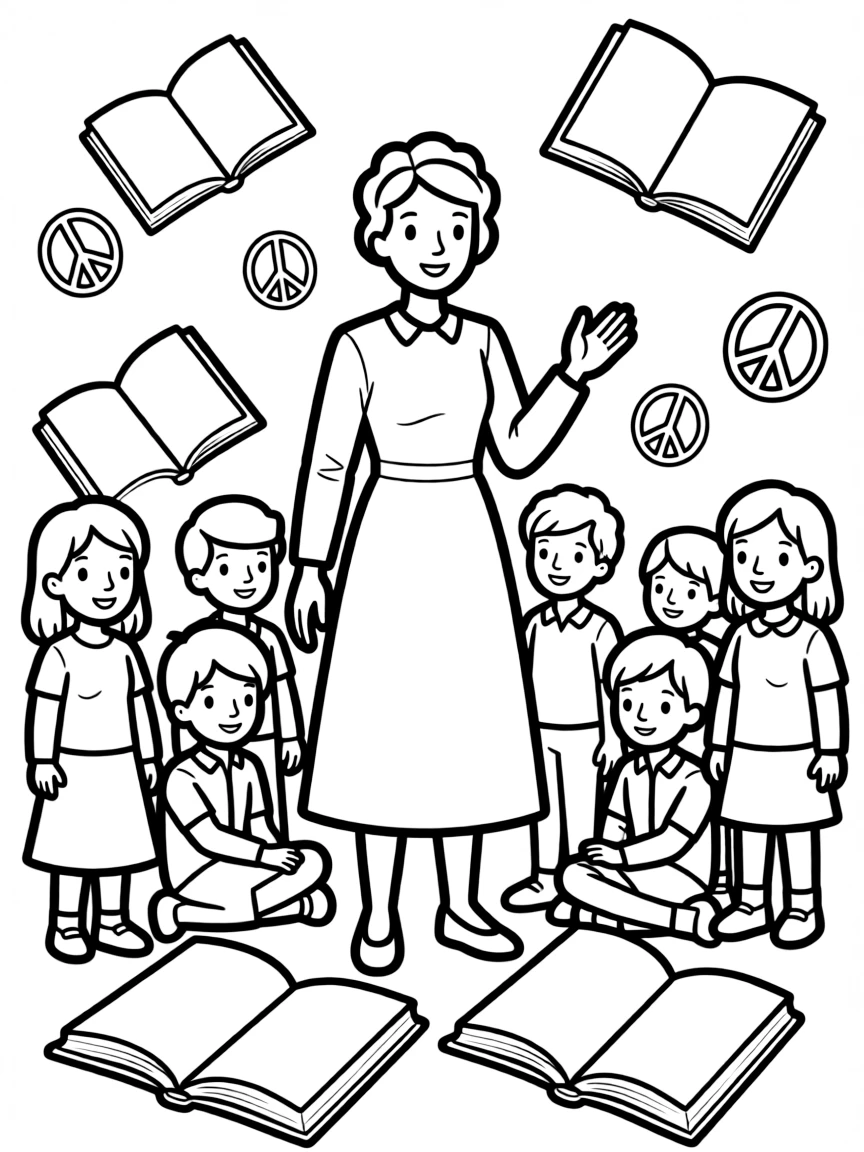 A fun coloring page of Helen Keller giving a speech to children with books and peace signs around.
