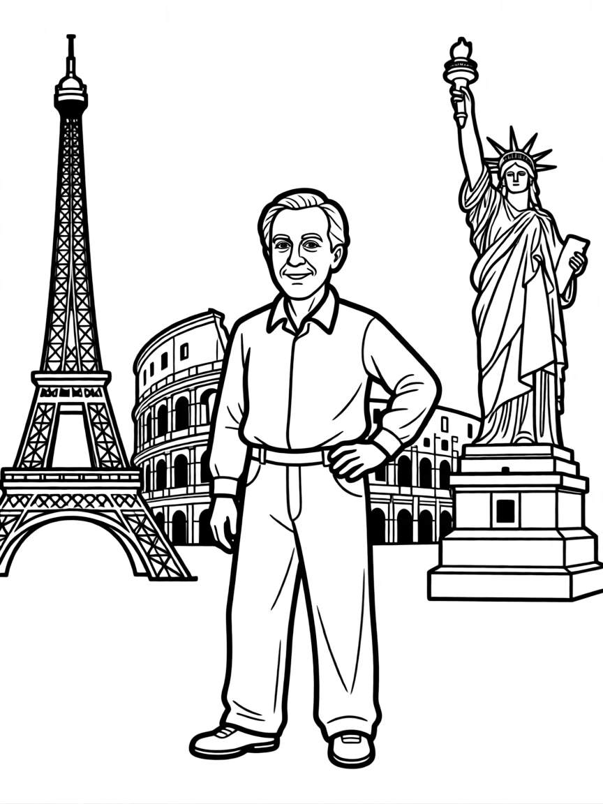 Pablo Picasso standing proudly with historical landmarks in the background, drawn with clear bold lines for coloring.