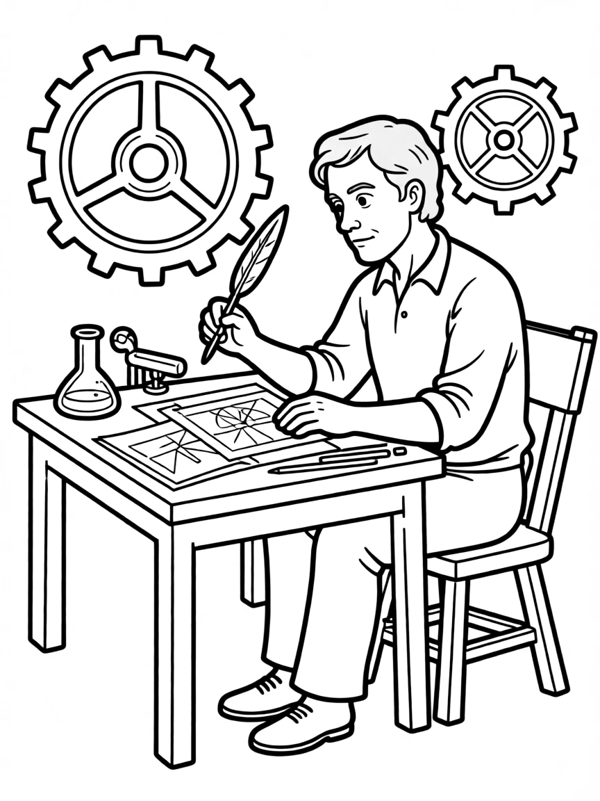 Leonardo da Vinci working on their famous invention or idea, with gears, papers, or lab equipment drawn simply.
