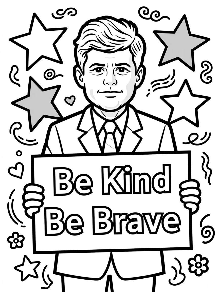 A cute coloring page of John F. Kennedy holding a sign about kindness or bravery, with stars and doodles around.