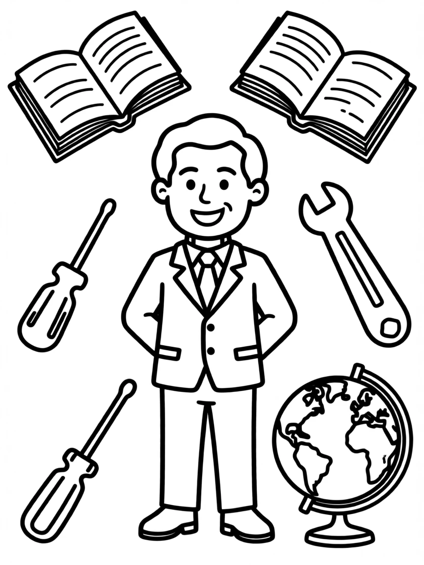 A cartoon-style drawing of Thomas Edison surrounded by symbols of their achievements, like books, tools, or globes.