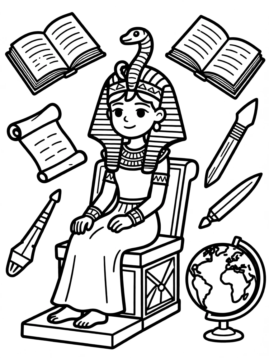 A cartoon-style drawing of Cleopatra surrounded by symbols of their achievements, like books, tools, or globes.