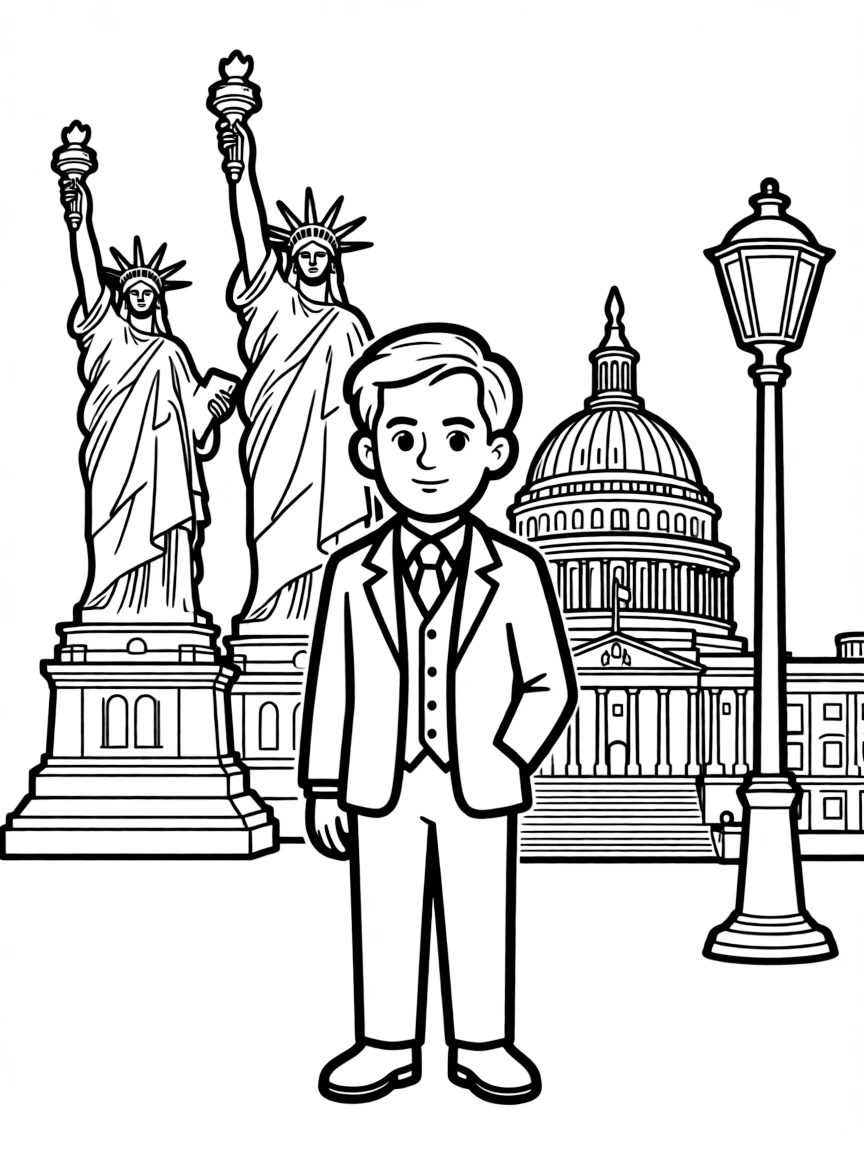Thomas Edison standing proudly with historical landmarks in the background, drawn with clear bold lines for coloring.
