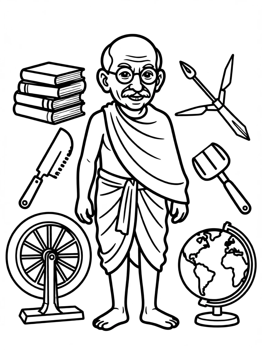 A cartoon-style drawing of Mahatma Gandhi surrounded by symbols of their achievements, like books, tools, or globes.