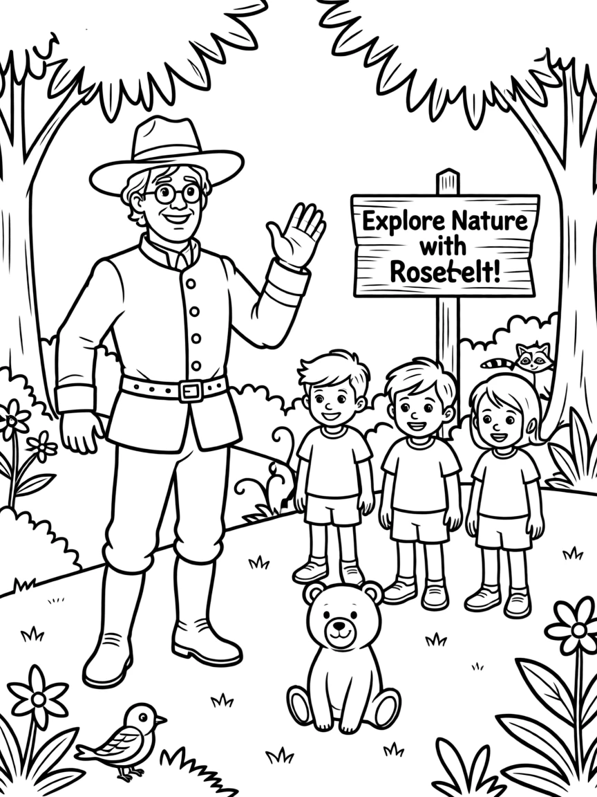 A playful scene showing Theodore Roosevelt in a historical outfit with animals, plants, or kids nearby.