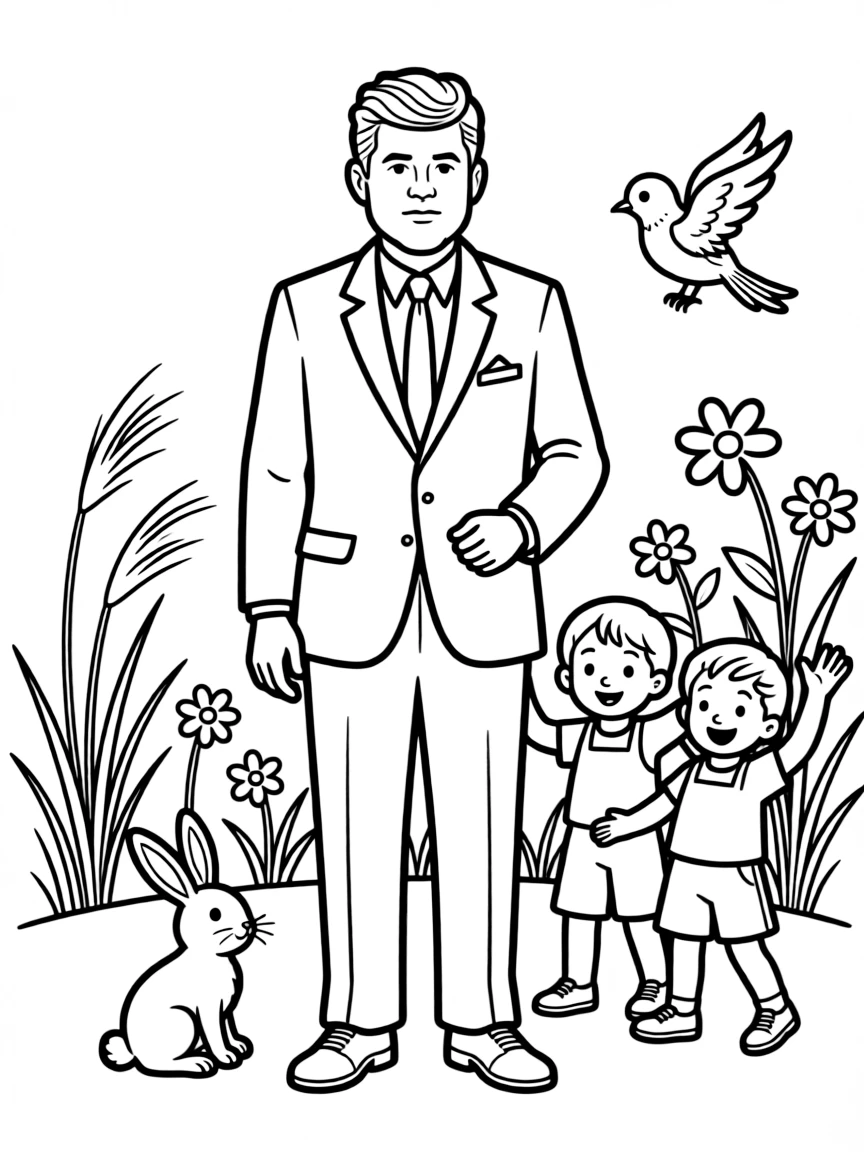 A playful scene showing John F. Kennedy in a historical outfit with animals, plants, or kids nearby.