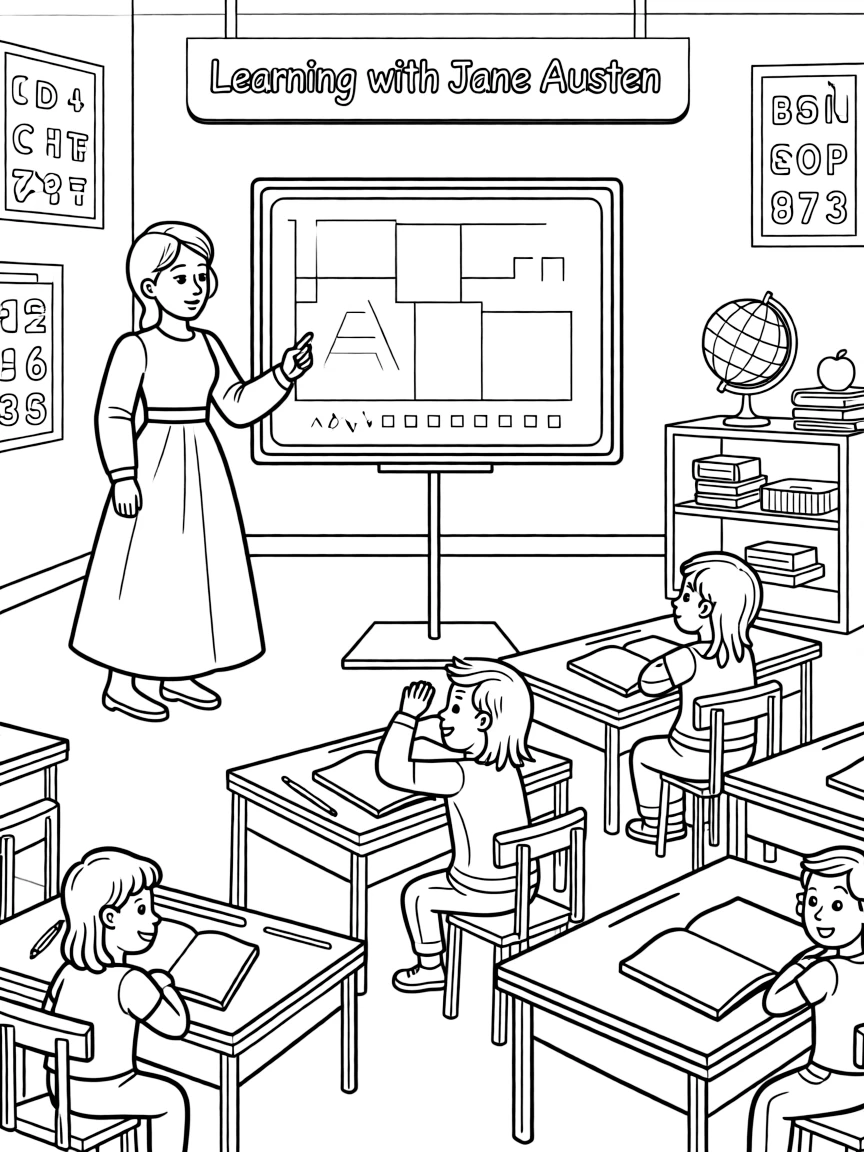 Jane Austen teaching children, with educational items like chalkboards and pencils, in a friendly classroom scene.